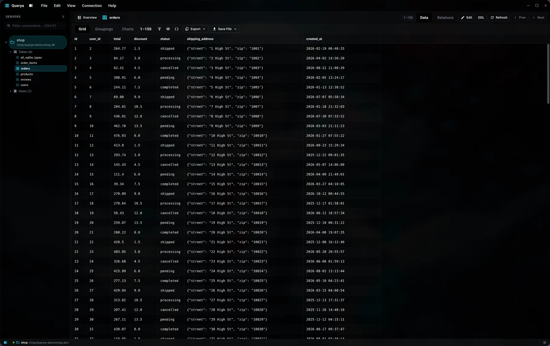 Querya Desktop: таблица данных в виртуализированной сетке